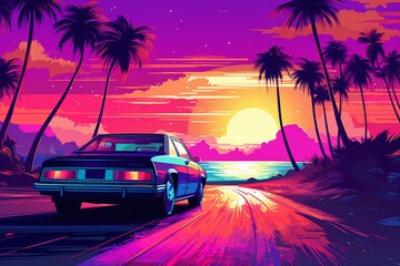 Summer vibes 80s style illustration with car driving into sunset. Generative AI 7