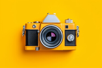 Fototapeta premium Photo camera on yellow background top view. Generative ai.