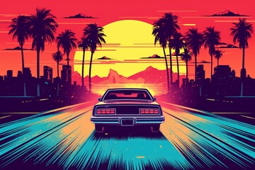 Fototapeta na wymiar Summer vibes 80s style illustration with car driving into sunset. Generative AI 12