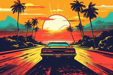 Summer vibes 80s style illustration with car driving into sunset. Generative AI 14