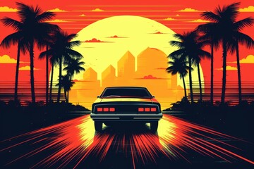Summer vibes 80s style illustration with car driving into sunset. Generative AI 16