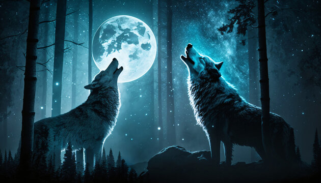 two wolves in the moonlight