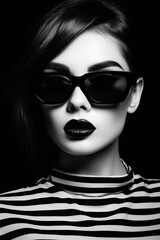 Woman in black and white with black lip and black and white striped shirt. Generative AI. - obrazy, fototapety, plakaty