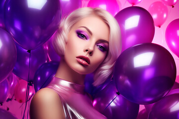 Obraz na płótnie Canvas Woman in silver dress surrounded by purple and pink balloons and balloons. Generative AI.