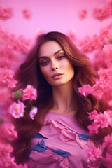 Image of woman in pink dress with flowers around her neck. Generative AI.