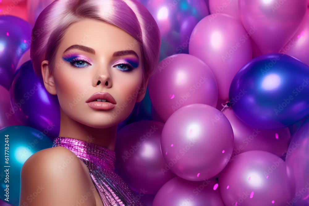 Canvas Prints woman with pink hair and blue eyes is surrounded by purple and purple balloons. generative ai.