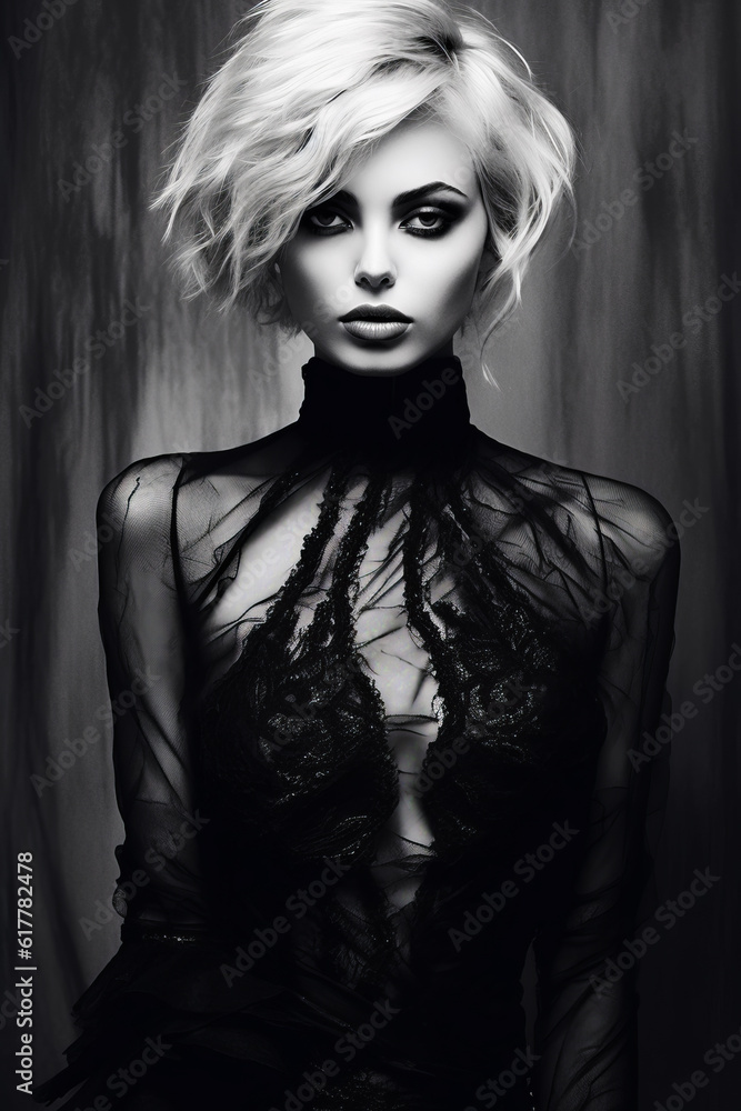 Poster black and white photo of woman wearing sheer shirt with choker. generative ai.