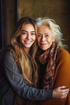 Older Woman Hugging Younger Woman With Long Blonde Hair And Scarf Around Her Neck. Generative AI.