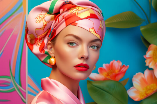 Image of woman wearing pink turban with flower on it. Generative AI.