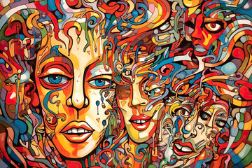 Fototapeta na wymiar Abstract Colorful Graphic Collage Human Portraits, Psychology, Stress, Schizophrenia Illustration
