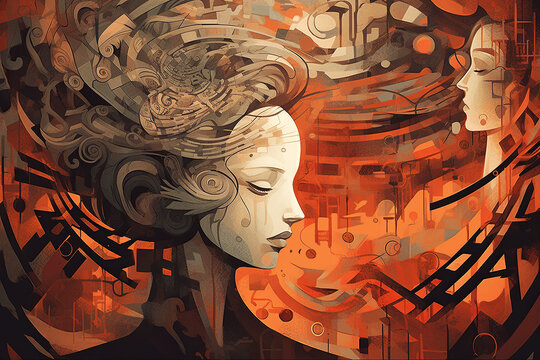 Abstract Artistic Graphic Collage Two Woman Face Portraits, Psychology, Stress, Schizophrenia Illustration