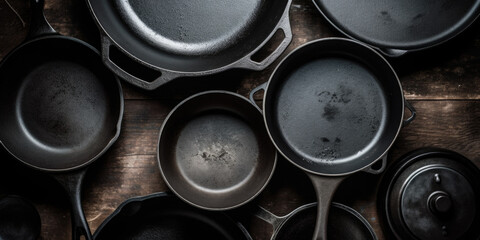 Cast iron cooking pans and utensils, top view 