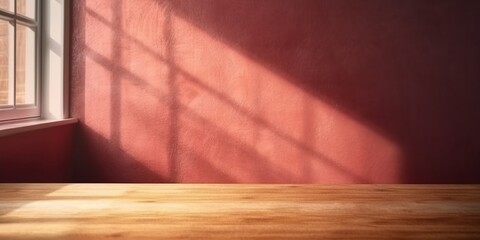 Wooden table and sun light red wall copy space background, AI Generated