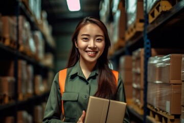 Smiling Asian woman working in a warehouse Young woman holding folder and checking products in store She is happy with her work and smiles. concept of export and import logistics