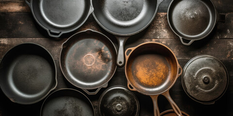 Cast iron cooking pans and utensils, top view 