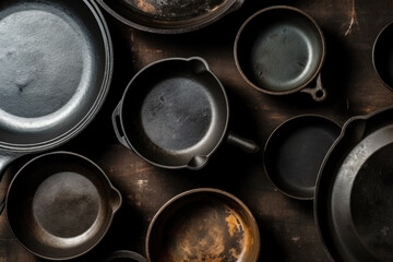 Cast iron cooking pans and utensils, top view 