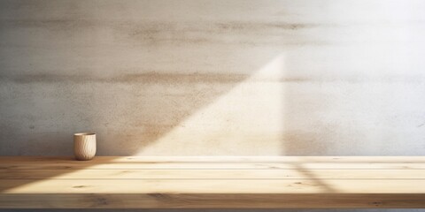 Wooden table and sun light grey wall copy space background, AI Generated