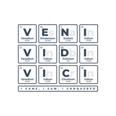 Vector inscription VENI VIDI VICI created using the individual elements of the periodic table. Text: I came, I saw, I conquered. Isolated on white background
