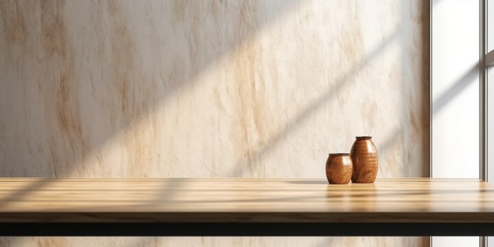 Wooden table and sun light grey wall copy space background, AI Generated