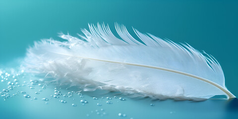 Fototapeta na wymiar a bright blue background with one white feather, in the style of soft and dreamy pastels, glimmering light effects, generative Ai