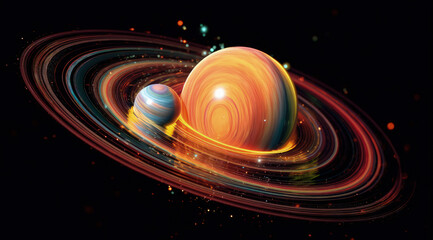 Celestial Symphony: a cosmic dance of planets and rings swirls amidst the darkness, creating a breathtaking display of cosmic beauty.