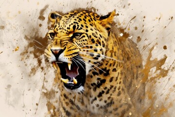 Leopard  form and spirit through an abstract lens. dynamic and expressive Leopard print by using bold brushstrokes, splatters, and drips of paint. Leopard raw power and untamed energy