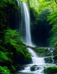 Fototapeta na wymiar majestic waterfall cascading down in a hidden forest, surrounded by lush