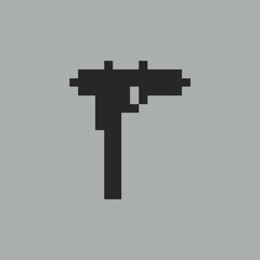 Fototapeta premium this is Gun icon in pixel art with black color with grey background this item good for presentations,stickers, icons, t shirt design,game asset,logo and your project.