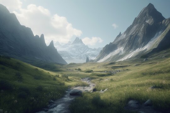 A minimalist landscape with a scenic mountain or valley, Generative AI