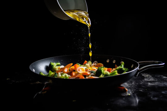 Olive oil pouring on the fry mixed vegetables in the wok, asian style cooking