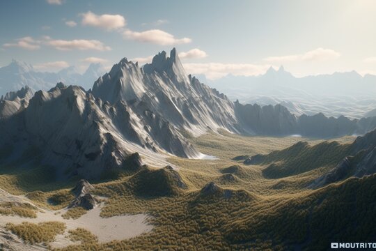 A minimalist landscape with a scenic mountain or valley, Generative AI