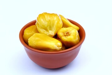 Jackfruit in a bowl on white background close-up view 