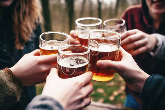 Friends cheering with beer outdoors. Close up of a hands holding a beer mugs