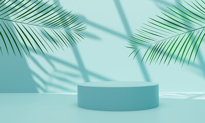 Fototapeta na wymiar Pastel blue podium for product presentation with palm leaf elements,shade and natural sunlight.3D render illustration