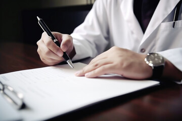 Doctor writing prescription to a patient close up
