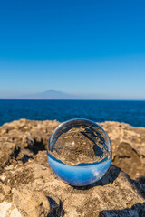 Beautiful View of Augusta Coastline inside a Lensball, Syracuse, Sicily, Italy, Europe