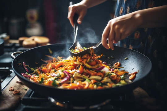 Woman preparing asian food in wok pan at home, close up