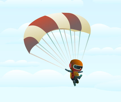 Skydiver flying down sky. Free float. Beautiful sky. Parachute opened. Cartoon style character. Vector picture