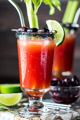 Refreshing Caesar cocktails with black salt rims, garnished with black olives.