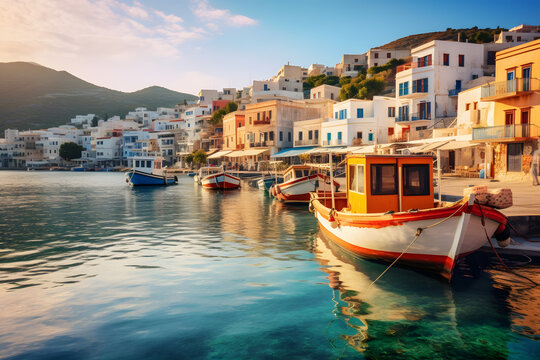 Greek island hopping by photographing ferry rides, colorful harbors, and charming villages on islands like Mykonos ai generated art
