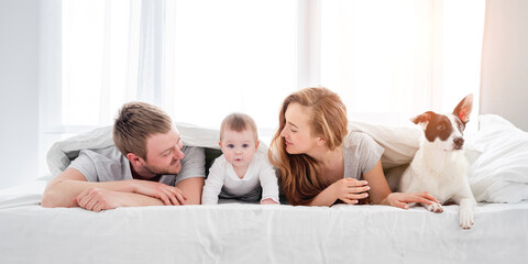 Mother and father lying in the bed under blanket with their son and cute dog. Beautiful family...