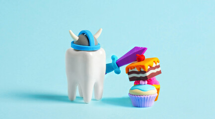 Model of human tooth in helmet cuts miniature cakes and pastries with sword. Blue background....