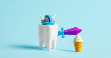 Model of human tooth in helmet cuts miniature ice cream