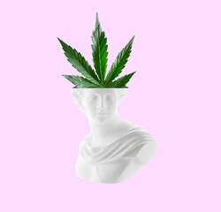 Creative art collage an ancient statue of a woman with cannabis leaf flying out of her head.
