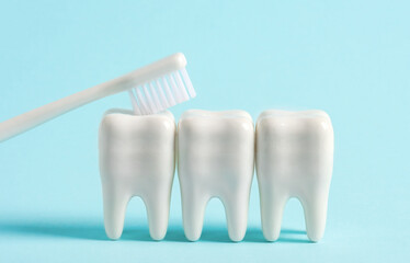 White brush cleans models of human teeth on blue background. Dental poster about the importance of...