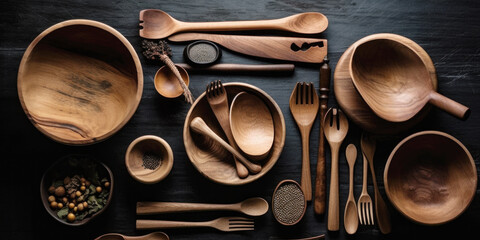 Different wooden wooden kitchenware on dark table