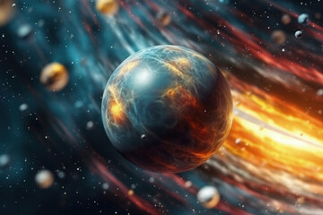 Celestial Orb in Cosmos: A stunning visual of an ethereal sphere bathed in radiant, otherworldly cosmic energy, gracefully navigating the vast expanse of space.