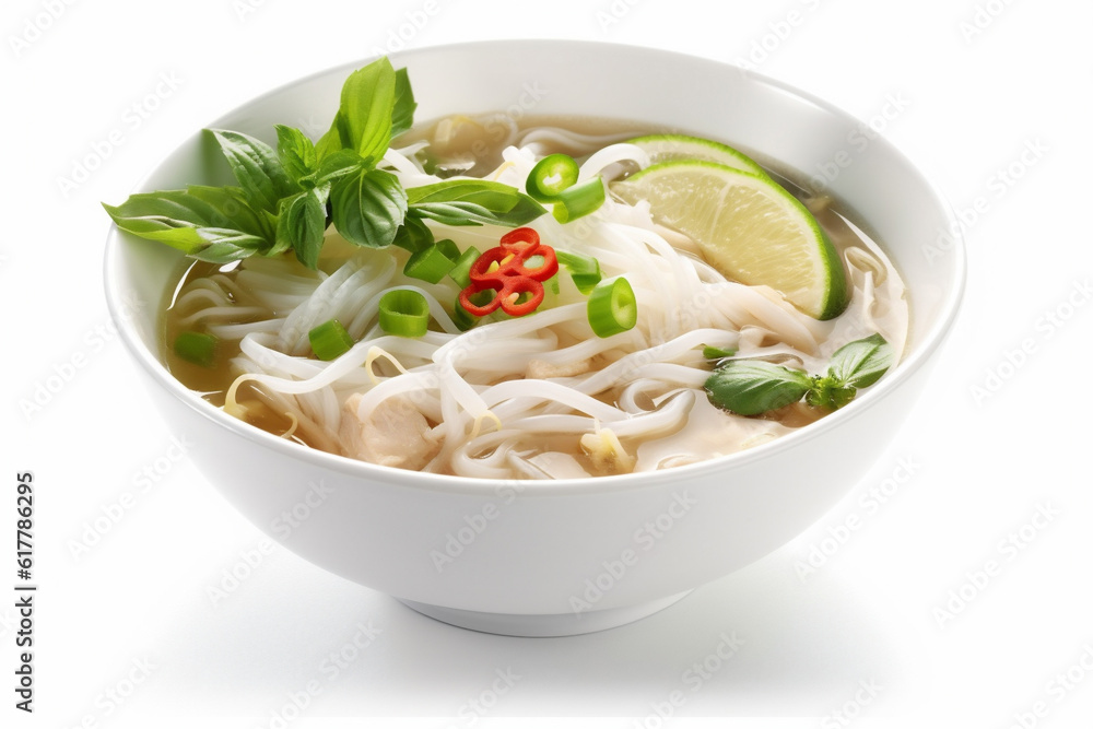 Wall mural asian noodle broth bowl soup background food traditional dish white vegetable. generative ai.