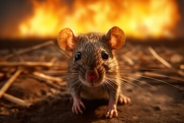 Scared mouse in the burning meadow. Climate change and drought catastrophe concept. Generative AI