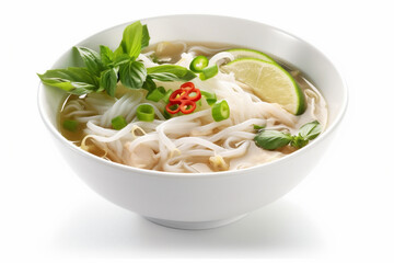 asian noodle broth bowl soup background food traditional dish white vegetable. Generative AI.